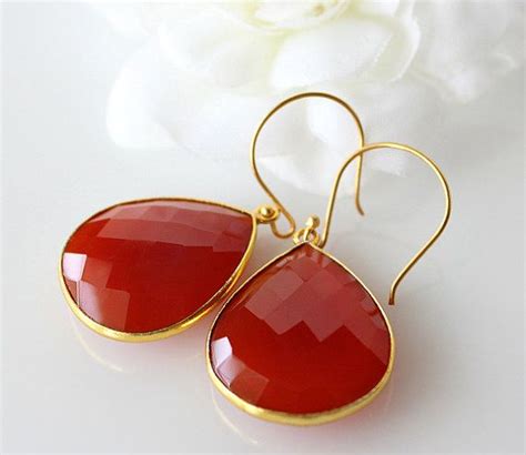 Carnelian Drop Earrings Burnt Orange Red Dangle Gold By ByGerene 60