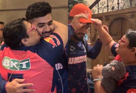 Ipl Riyan Parags Mother Greets Him With Warm Hug And Forehead