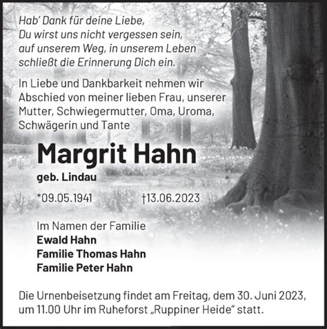 Traueranzeigen Von Margrit Hahn M Rkische Onlinezeitung Trauerportal