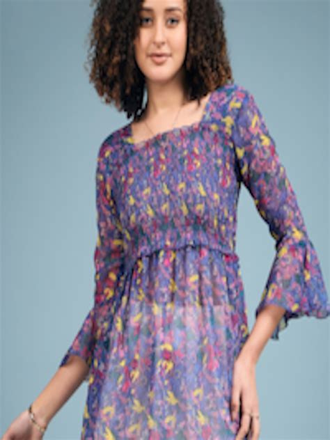 Buy Dressberry Blue Floral Printed Bell Sleeve Chiffon Empire Longline