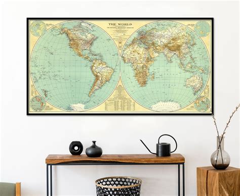 National Geographic Vintage 1935 World Map Hemispheres Fine Art Reproduction Old Map Print ...