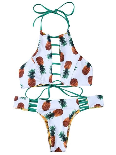 Ladder Cutout Pineapple Print Reversible Bikini WHITE S Mobile