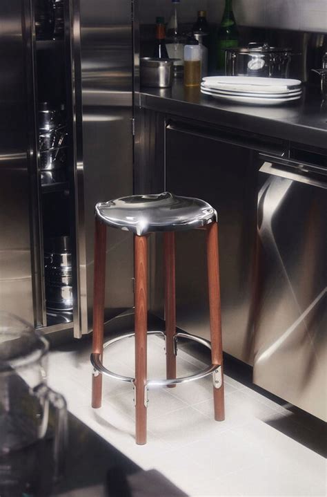 Alessi Poêle Bar Stool Brown Beech Mirror Polished Steel Finnish