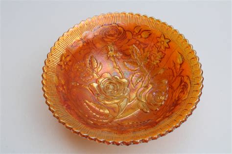 Vintage Imperial Rose Pattern Marigold Orange Carnival Luster Glass Bowl