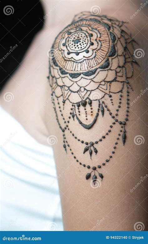 Closeup Henna Tattoo On Woman S Shoulder Stock Photo Image Of