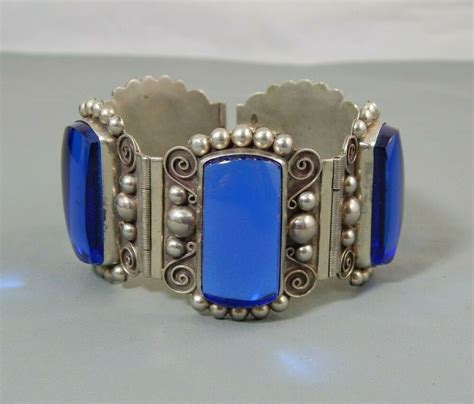 Vintage Mexican Mayan Sapphire Blue Cab Sterling Silver Panel Bracelet