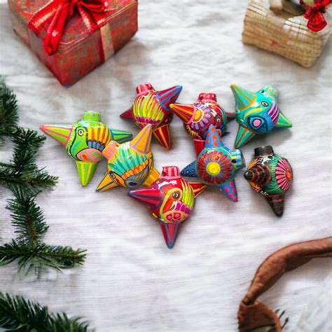 Set Of 6 Handmade Mexican Talavera Christmas Ornaments Festive Piñata