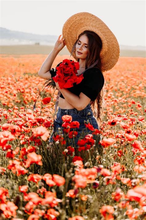 Woman Poppies Field Portrait Happy Woman With Long Hair In A Poppy