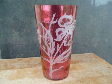 Large Vintage Cranberry Etched Art Glass Vase Sand Carved Etch Etsy