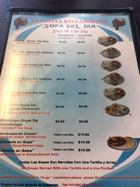 Menu at La Casita Salvadoreña restaurant Oakland Park