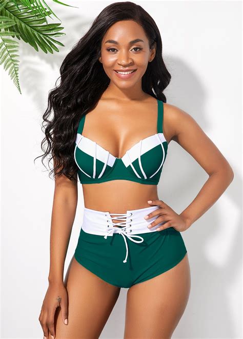 Spaghetti Strap High Waist Color Block Bikini Set Rosewe Usd