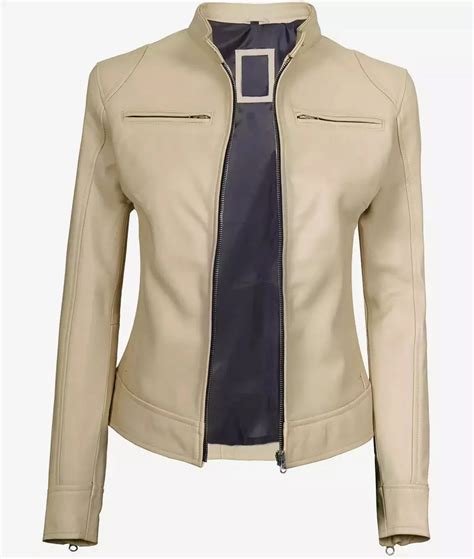 Dodge Beige Women S Cafe Racer Real Leather Jacket LeatherStylo