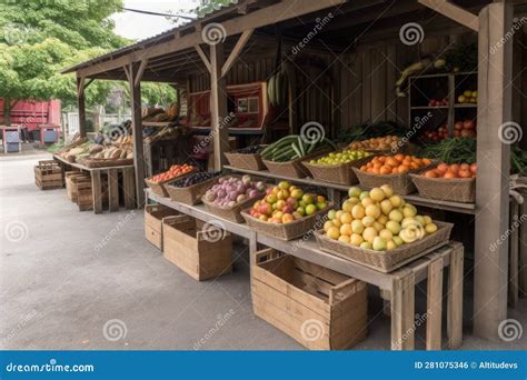 Fruit And Vegetable Stand With Fresh Produce Crates Bins And Baskets