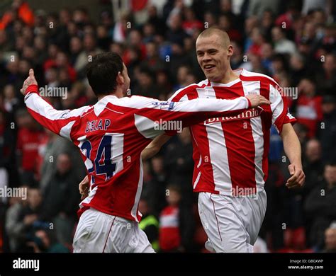 Stoke Citys Ryan Shawcross Right Celebrates Scoring His Sides First