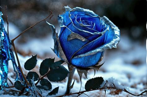 Premium Photo Frozen Magic Blue Rose In The Snow Romantic Background