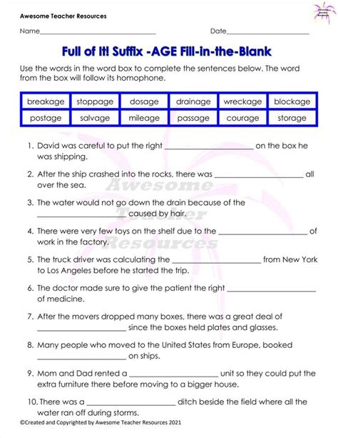 Full Of It Suffix Age Fill In The Blank Worksheet Word Boxes