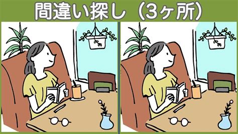 【間違い探し】3ヶ所のまちがいを探して脳トレ・レクリエーション！細かい違いが難しい【イラスト】 Youtube