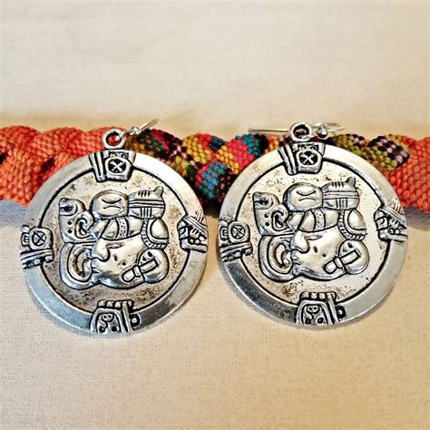 Mayan Silver Earrings Round Aztec Mexican Round Exotic Earrings