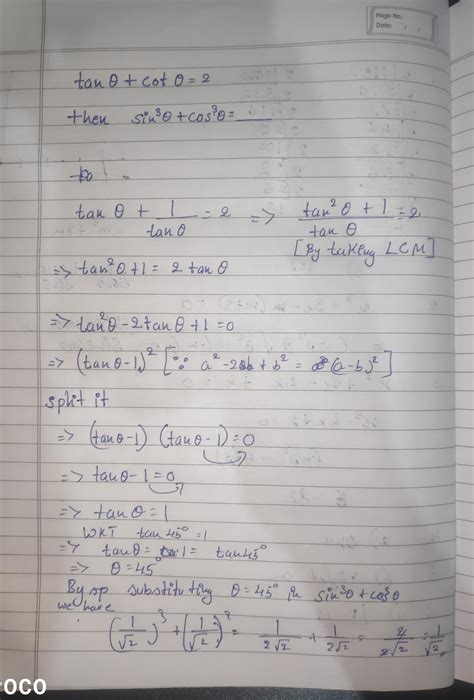 If 0 Is An Acute Angle And Tan Theta Cot Theta 2 Then The Value Of