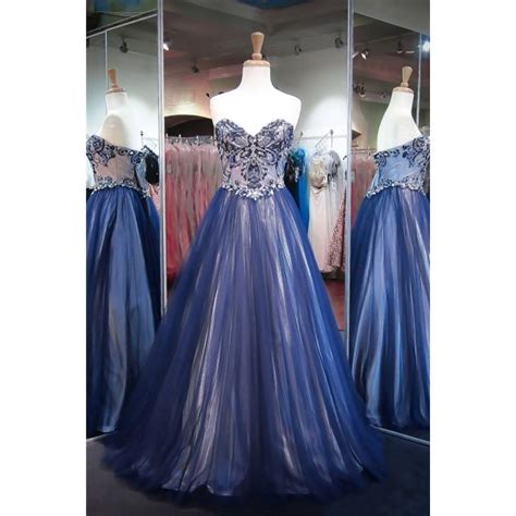 A Line Sweetheart Champagne Satin Navy Blue Tulle Beaded Prom Dress