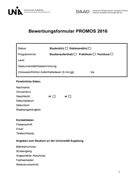 Ausfüllbar Online Bewerbungsformular PROMOS 2016 Akademisches