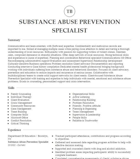 Substance Abuse Prevention Specialist Resume Example