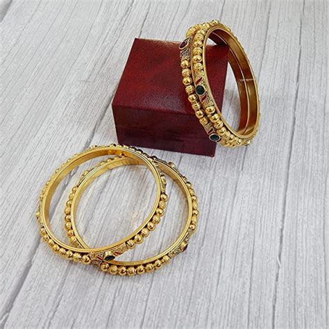 Buy NAVMAV Golden Kada Bangle Churi Kangan Set With Red Green Stone