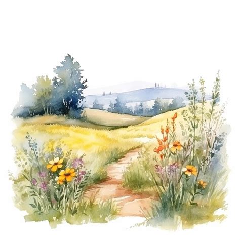 Uma Pintura Em Aquarela De Um Campo Vista Para Um Campo E Montanhas