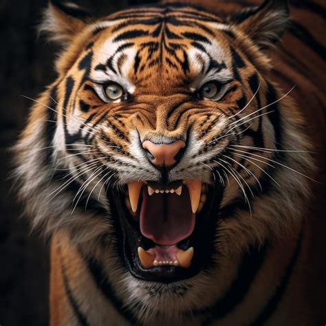 Premium Photo Close Up Portrait Of A Roaring Tiger Generative Ai