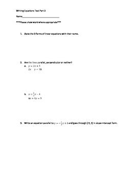 Algebra 1 Writing Equations Of Parallel And Perpendicular Lines Test