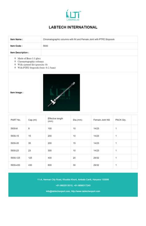 5930 Chromatographic Columns With Frit And Female Joint With PTFE