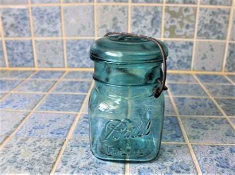 Vintage 1923 1933 Ball Ideal Square Blue Half Pint Canning Jar W Blue Lid