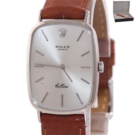 Rolex Cellini Cellini 4113 Rectangular 18k White Gold Silver Dial Leat