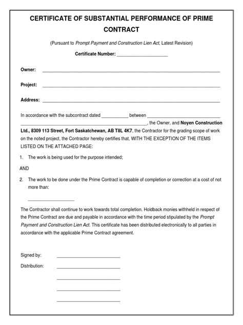 certificate  substantial performance  prime contract