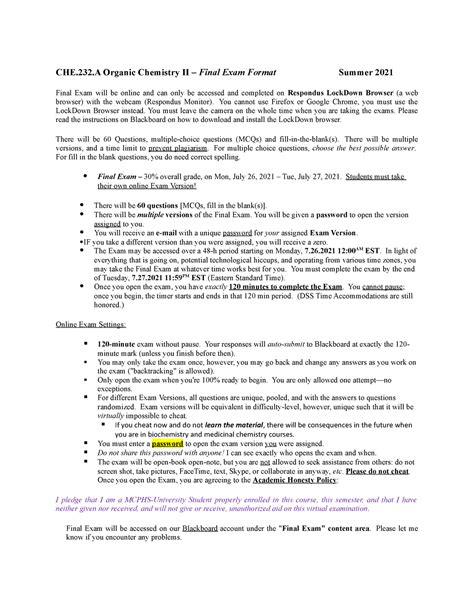 Final Exam Format Practice Exam Material Che Organic Chemistry