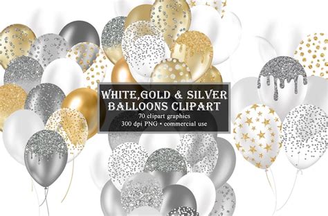 White Silver Gold Balloons Clipart Glitter Balloon Png Etsy