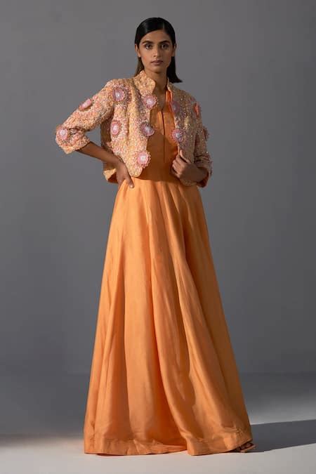 Buy Orange Silk Embroidery 3d Floral Angrakha Anarkali Notched With