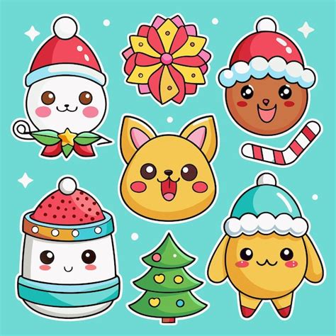 A collection of eight cute Christmas cartoon characters including a snowman a reindeer a bear a ...