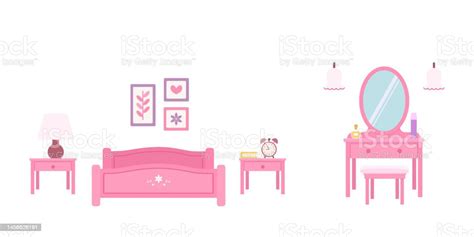 Bedroom With Pink Furniture On White Background Stock Illustration ...