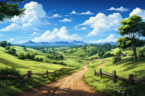 Premium Ai Image Summertime Rolling Hills Anime Cartoon Toon