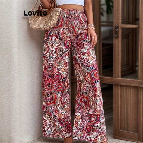 Lovito Boho Tribal Print Smocked Pattern Pants For Women Lnl