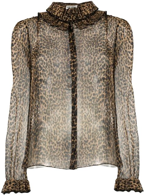 Saint Laurent Leopard Print Ruffle Neck Silk Blouse Shopstyle Tops