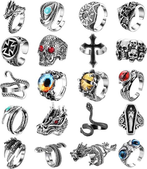 Helicopchain 20Pcs Vintage Punk Rings For Men Women Adjustable Open