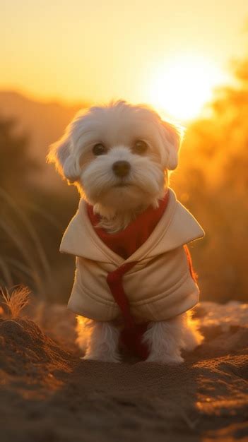 Un Perro Con Corbata Se Sienta En Una Roca Frente A Una Puesta De Sol