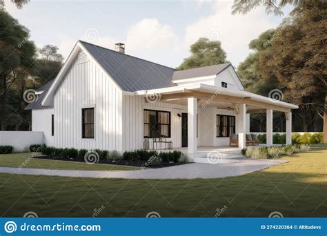 Modern Farmhouse with Wrap-around Porch and Simple Exterior Stock ...