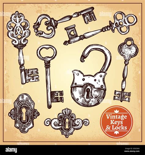 Vintage Hand Drawn Locks Keys And Keyholes Set Isolated Vector