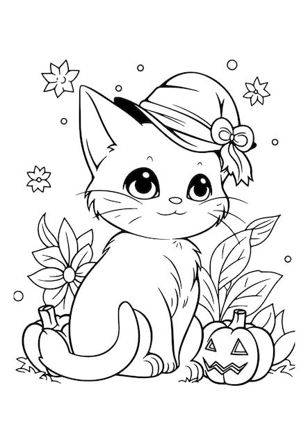 Página Para Colorear De Gatos De Halloween Para Niños Imprimible Vector Premium