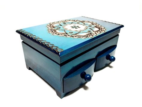 Wooden Blue Jewelry Box With Drawers And Mirror Mini Commode Etsy