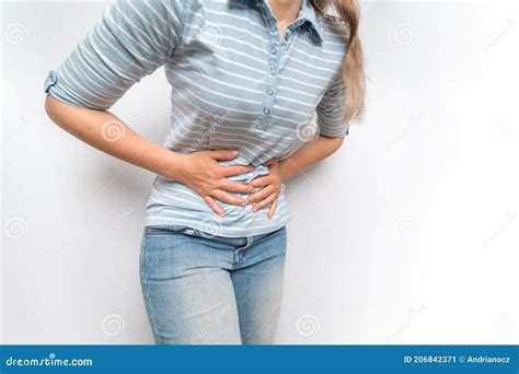 Woman With Stomach Pain Is Holding Her Aching Belly Stock Image Image