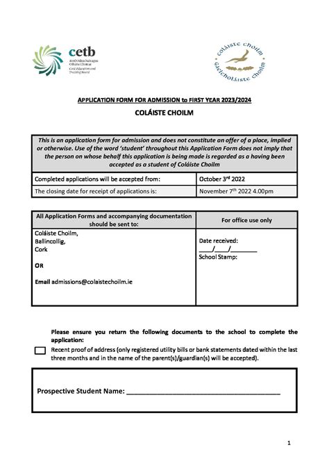 Application Form First Year 2023 Coláiste Choilm – Coláiste Choilm